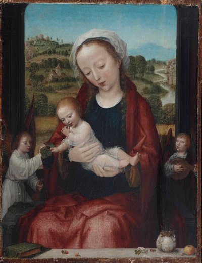 開け放たれた窓の前に、天使に付き添われた聖母子。 作： Adriaen Isenbrandt