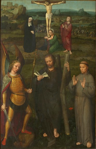 聖ミカエル大天使、アンドリュー、アッシジのフランシスとの磔刑、c。 1510年。 作： Adriaen Isenbrant