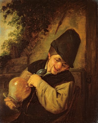 水差しとパイプを手にする農民、1650-55年頃（オークパネルに油彩） 作： Adriaen Jansz. van Ostade