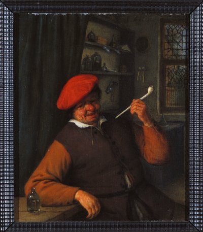 インテリアでパイプを吸う赤いベレー帽の農民 作： Adriaen Jansz. van Ostade