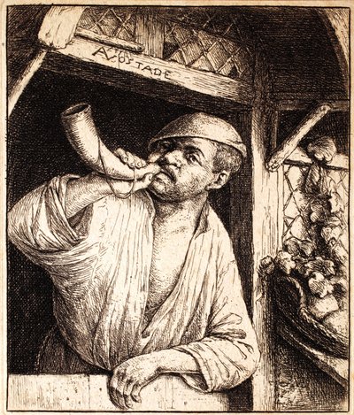 彼の角を鳴らすベイカー、1670年頃 作： Adriaen Jansz. van Ostade