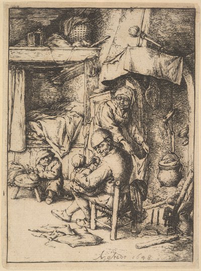 彼の赤ん坊にスープを与える家族の父、1610-85。 作： Adriaen Jansz. van Ostade
