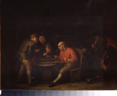 サイコロで遊ぶフレミングス。 （サイコロをするフレミングス）。 Adriaen Jansz van Ostade (1610-1685) による絵画。 オランダの学校。 キャンバスに油彩。 サンクトペテルブルクのガッチナ宮殿博物館。 作： Adriaen Jansz. van Ostade