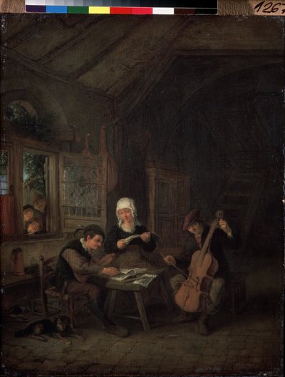 村の音楽家 (Rural Musicians)。 家で演奏するバイオリニストとチェリスト。 Adriaen Jansz Van Ostade (1610-1685) の絵画 作： Adriaen Jansz. van Ostade
