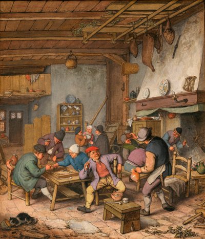 酒を飲み、喫煙し、バックギャモンをする農民のいる旅館の部屋 - Adriaen Jansz van Ostade (1610-1685) による作品 紙に鉛筆、チョーク、水彩 作： Adriaen Jansz. van Ostade