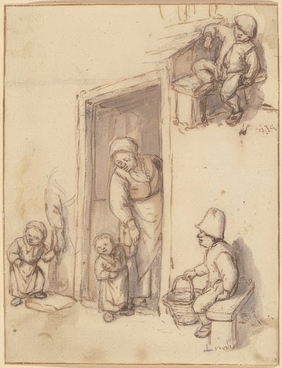 正面玄関に座っている2人の男の子がいる母親と娘がいる学習シート。 1660年代 作： Adriaen Jansz. van Ostade