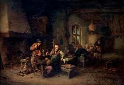 9人の農民とハーディガーディプレーヤーがいるインのインテリア、1653年。 作： Adriaen Jansz. van Ostade