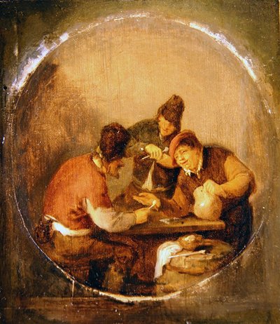 酒場で酒を飲み、煙草を吸う3人のブーラー（油彩・パネル） 作： Adriaen Jansz. van Ostade