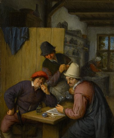 1666-67年の居酒屋での3人の飲酒と喫煙の農民 作： Adriaen Jansz. van Ostade