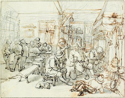 A group of peasants in a tavern (Company of Peasants in a Tavern) - Adriaen Jansz van Ostade (1610-1685) 作、紙に鉛筆とインク、1675年頃 - アルベルティーナ、ウィーン (オーストリア) 作： Adriaen Jansz. van Ostade