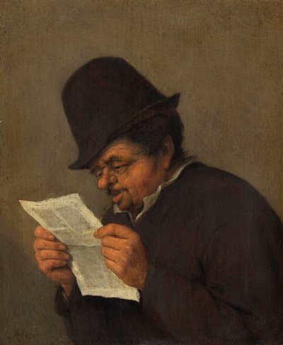 紙を読んでいる古い農民、1647年頃（オークの油） 作： Adriaen Jansz. van school of Ostade