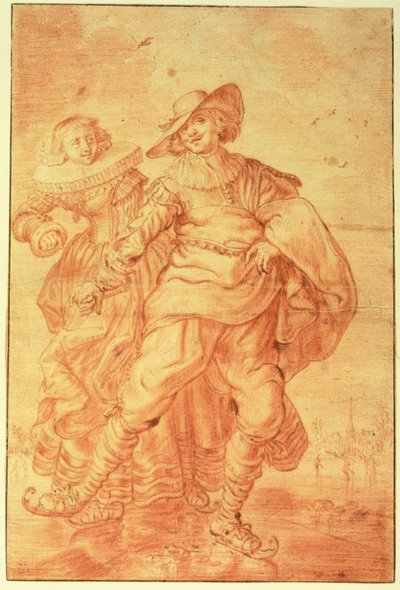 氷の上でスケートをする女性と紳士、c.1625（紙に赤いチョーク） 作： Adriaen Pietersz van de Venne