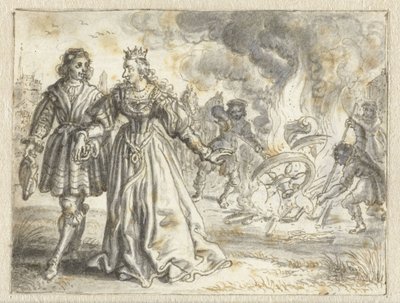 彼女の後ろで火傷を負っている花嫁の結婚式のコーチ 作： Adriaen Pietersz van de Venne