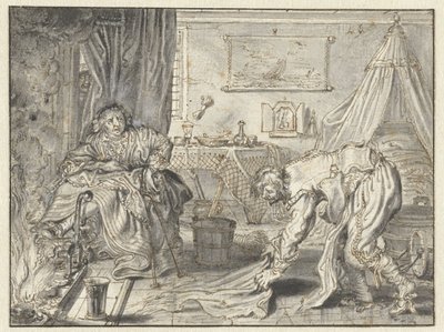 妻が囲炉裏に座っている間に床を掃除する男性 作： Adriaen Pietersz van de Venne
