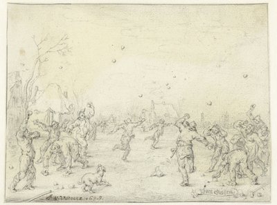 雪玉を投げる男性と男の子 作： Adriaen Pietersz van de Venne