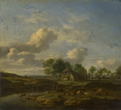 小川のほとりの農場のある風景」1661年 作： Adriaen Velde van de
