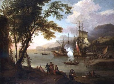 地中海の港を舞台に、船、商人、港湾労働者を描いたカプリッチョ。 作： Adriaen van Diest