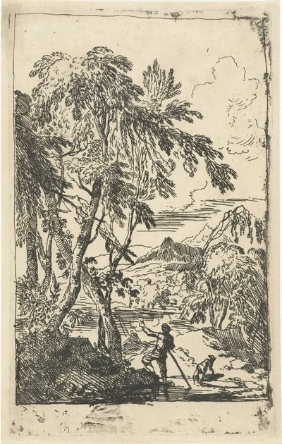 木々と犬と一緒にいる人の山岳風景 作： Adriaen van Diest