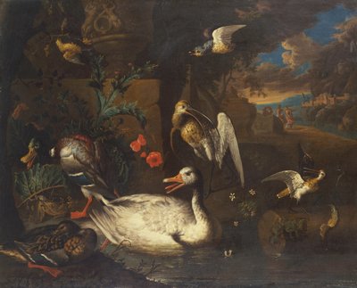 風景と人物の中の野鳥（キャンバスに油彩） 作： Adriaen van Oolen