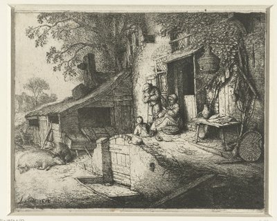 家の前で喉を鳴らす女性 玄関先でゴロゴロ鳴く女 作： Adriaen van Ostade (signed by artist)