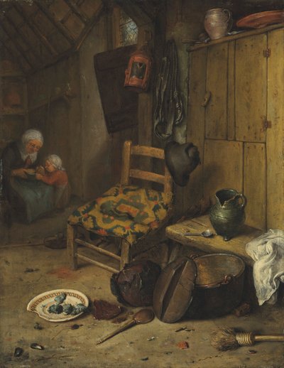母と子のいるキッチンのインテリア
クッションに描かれたヴァン・ドアン家の紋章 作： Adriaen van Ostade