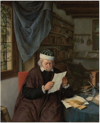 テーブルで手紙を読む弁護士 作： Adriaen van Ostade