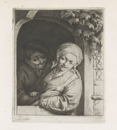 農夫と農夫の妻が戸口で愛情のあるカップルとして 作： Adriaen van Ostade
