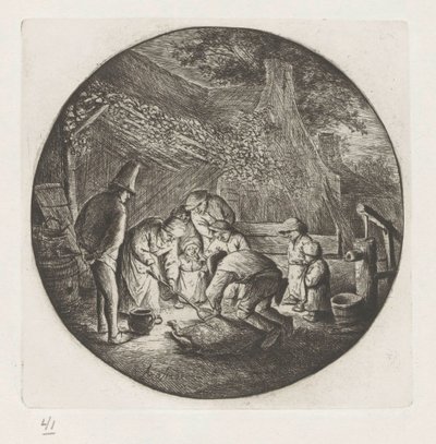 豚の屠殺場での農家の家族 作： Adriaen van Ostade
