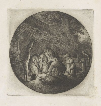 豚の屠殺場での農家の家族 作： Adriaen van Ostade