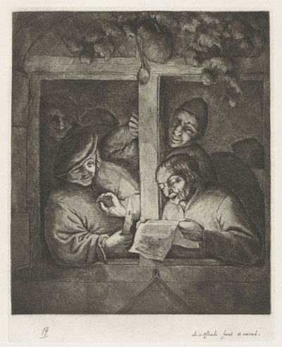 3 人の男性が、開いた窓のろうそくの明かりで一枚の紙から歌っています。 作： Adriaen van Ostade