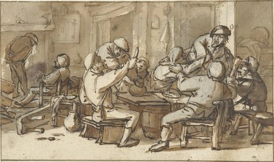 酒を飲んで喧嘩している百姓の宿屋の内装 作： Adriaen van Ostade