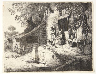 農家の前で回転する女性 作： Adriaen van Ostade