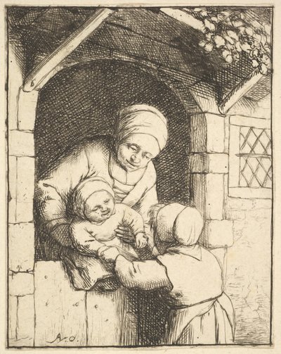 母親の腕の中で赤ちゃんと遊ぶ少女、1610-85。 作： Adriaen van Ostade