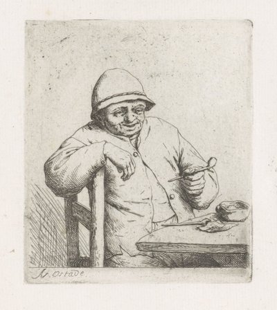 テーブルでパイプを持つ男 作： Adriaen van Ostade