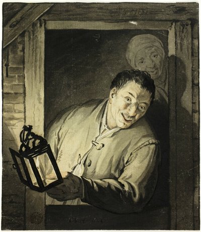 戸口でランタンを持つ男 作： Adriaen van Ostade