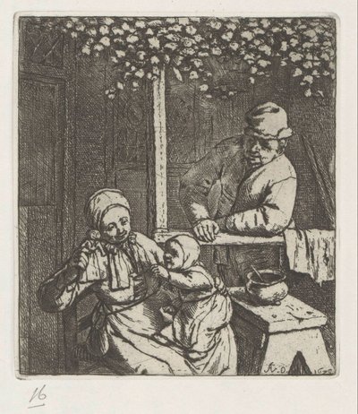 膝の上に子供を乗せ、人形に手を差し伸べる母親 作： Adriaen van Ostade