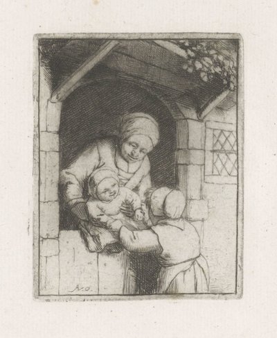 戸口に 2 人の子供を持つ母 作： Adriaen van Ostade