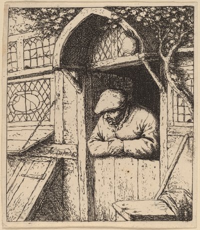 戸口に寄りかかる農夫 作： Adriaen van Ostade