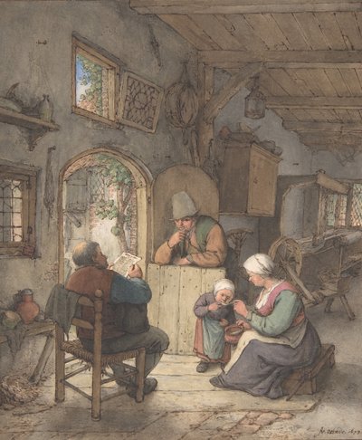 織工の小屋でニュースを読む、1673年。 作： Adriaen van Ostade