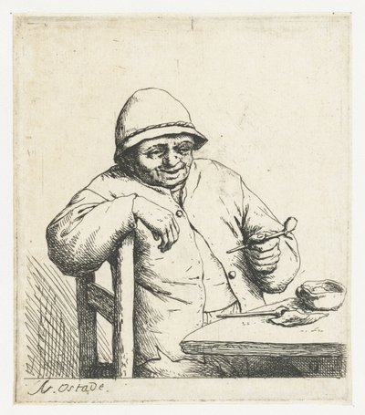 椅子の背もたれに腕を置いてタバコを吸う農夫 笑顔の喫煙者 作： Adriaen van Ostade