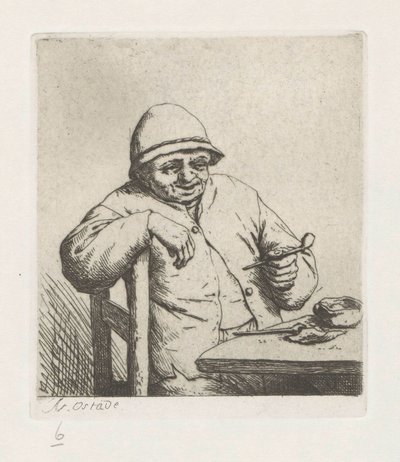 椅子の背もたれに腕を置いてタバコを吸う農夫 作： Adriaen van Ostade