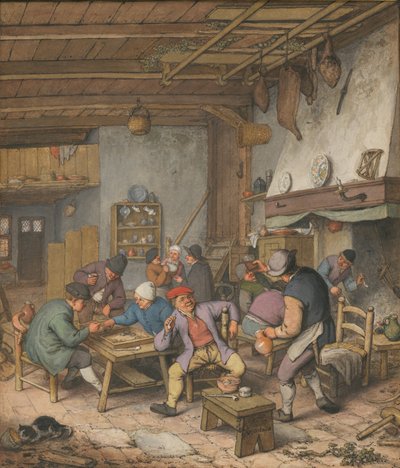 酒を飲み、タバコを吸い、バックゲームをする農民たちと宿の部屋（1678年 作： Adriaen van Ostade
