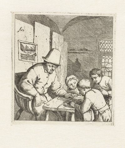 テーブルで 3 人の生徒と校長 学校 作： Adriaen van Ostade