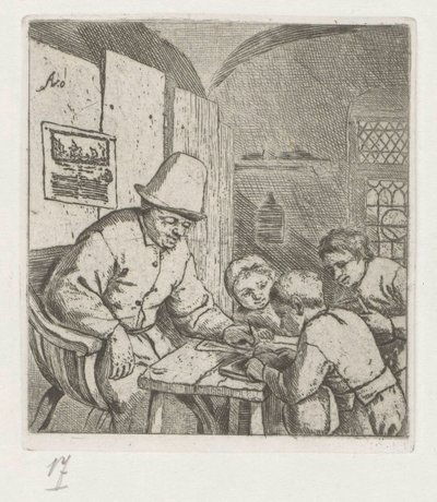 テーブルで 3 人の生徒と校長 作： Adriaen van Ostade
