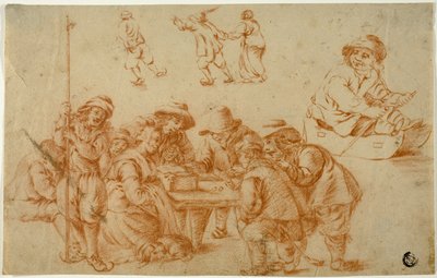 サイコロとスケートをしている農民のスケッチ。 そりに乗った少年のスケッチ 作： Adriaen van Ostade