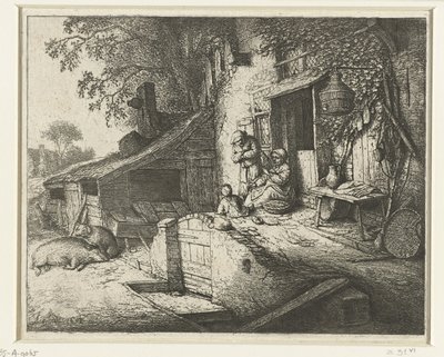 家の前で喉を鳴らす女性 スピンスター 作： Adriaen van Ostade