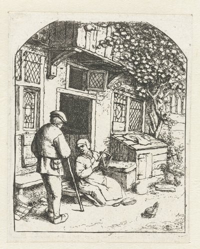 男と話している家の玄関先に座っている未成年者 家のドアのリーラー 作： Adriaen van Ostade