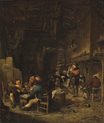 農民がトランプをしたり、タバコを吸ったり、酒を飲んだりしている居酒屋の店内 作： Adriaen van Ostade