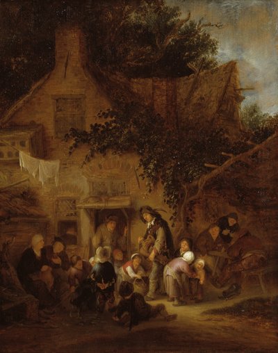 コテージの外のオルガングラインダー 作： Adriaen van Ostade