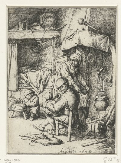 インテリアで膝の上に子供を持つ父 家族の男 作： Adriaen van Ostade